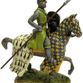 US Armored Crusader on Horse with Checker Caparison and Spear, Historical Horse Figurine, Gray, Polystone, 4.13 Inch