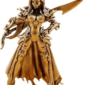 Mini Brass Female Warrior Statue, Vintage Armored Woman Knight Figurine 2.56 Inch, Fantasy‑Style Desktop Ornament, Collectible Small Metal Sculpture Decor for Home Shelf