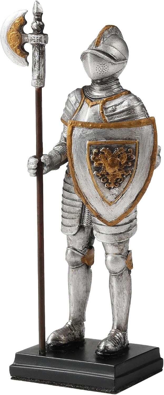 5/8 Inch Medieval Knight Armor Poleaxe and Shield Polystone Hand Painted Figurine Home Decoration