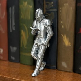 Medieval Knight Bookshelf Decor, Silver-Finished Armored Knight Statue, Unique Gothic Library Figurine for Book Lovers, Medieval Fantasy Home & Office Desktop Ornament, Reader Gift