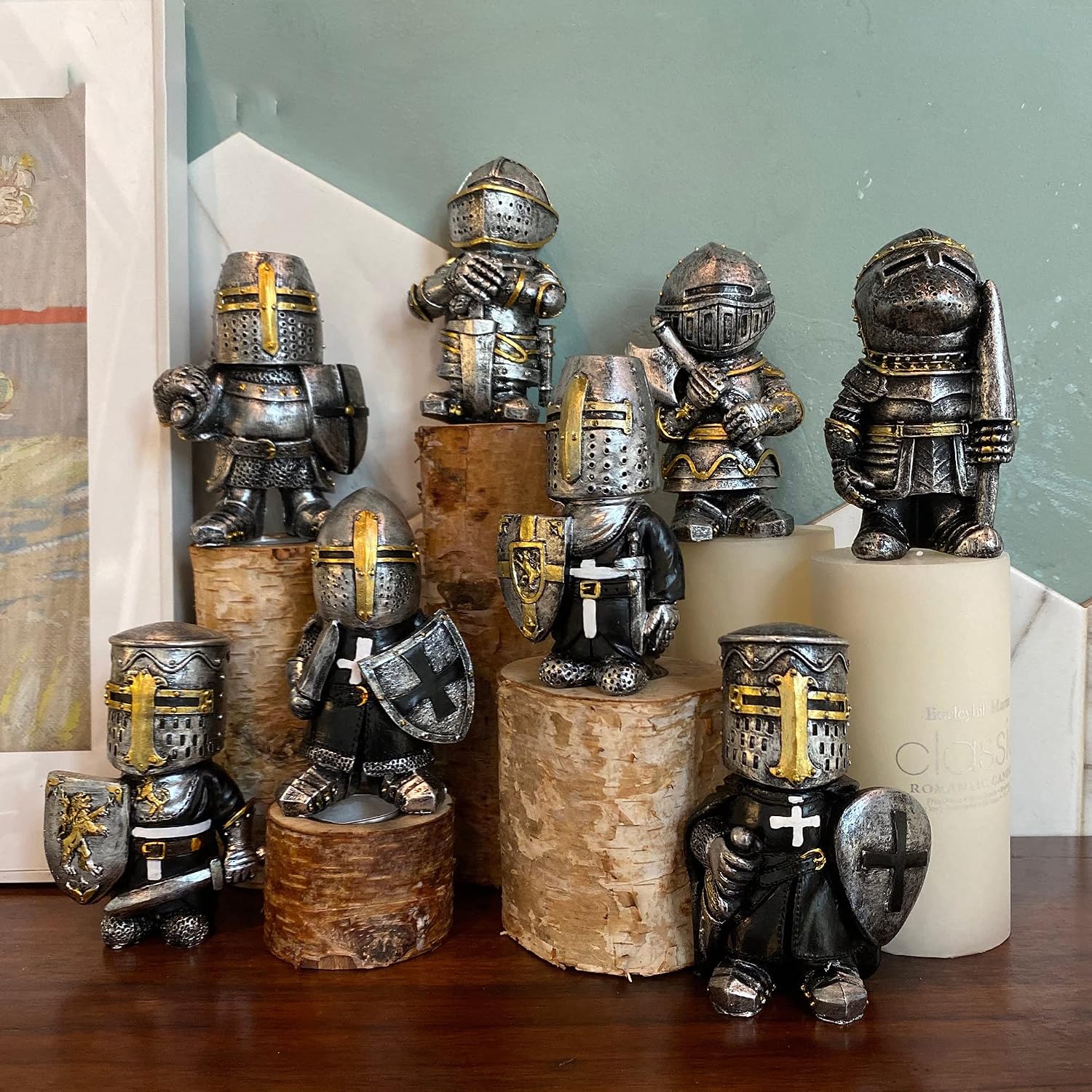 8PCS Knight Garden Gnomes Decorations Statue Medieval Guard Resin Figurines