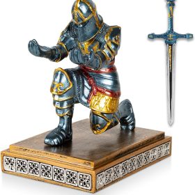 Kneeling Knight Pen Holder with Sword Medieval Warrior Fancy Pencil Stand for Office Desk Home Decor for Men Father Husband Armor Soldier Statue